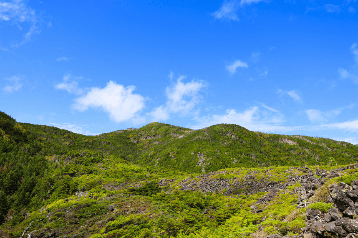 青空の下に見える北横岳の山肌。緑の低木と溶岩の岩がまじる斜面
