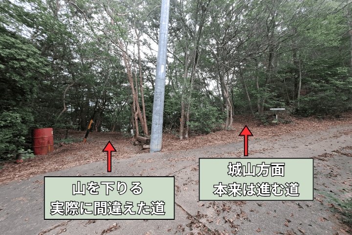 各務原アルプスで実際に道を間違えた分岐。左が下山方向、右が城山方面